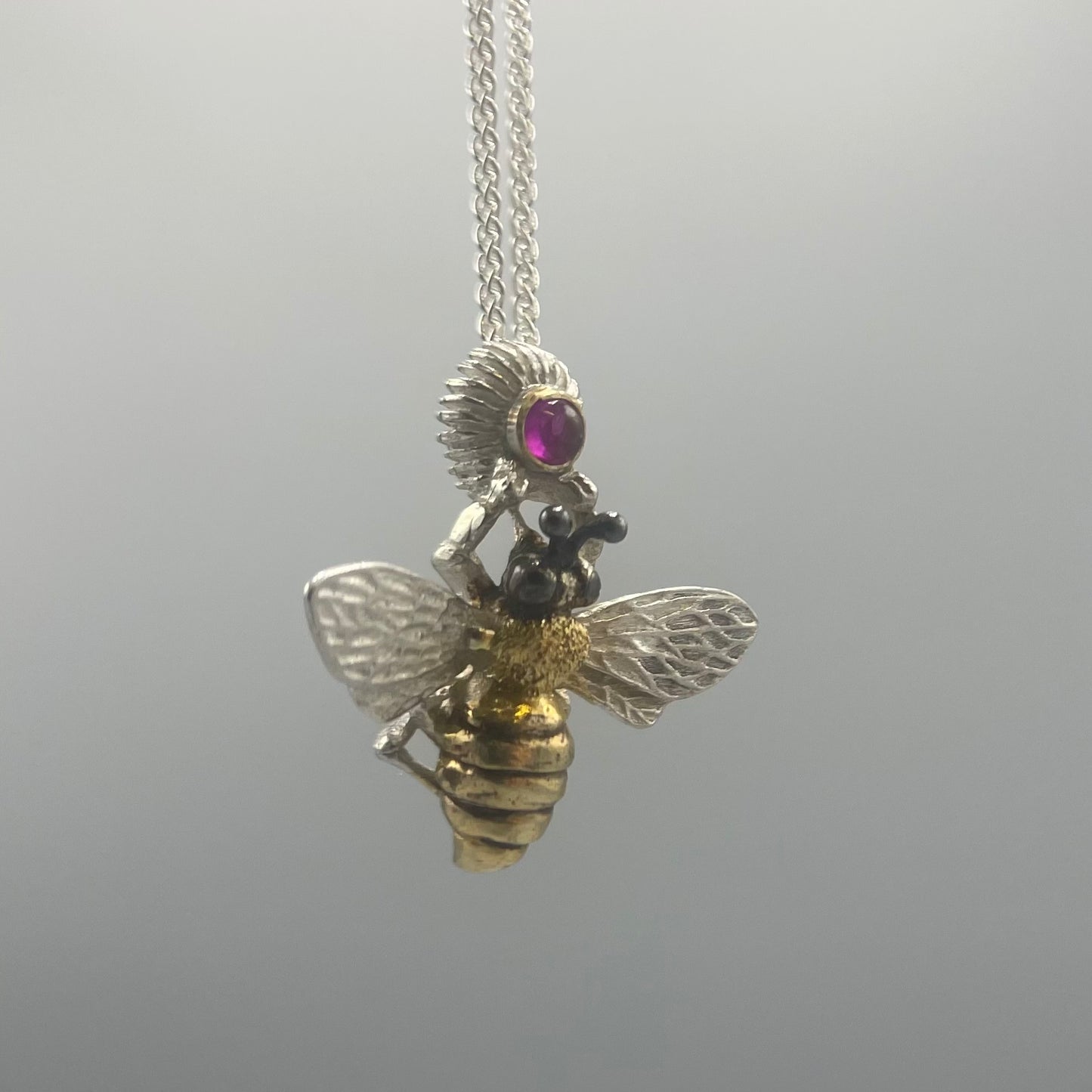 Tim Blades Silver and Gold Plated Bee Pendant with Rhodolite Garnet