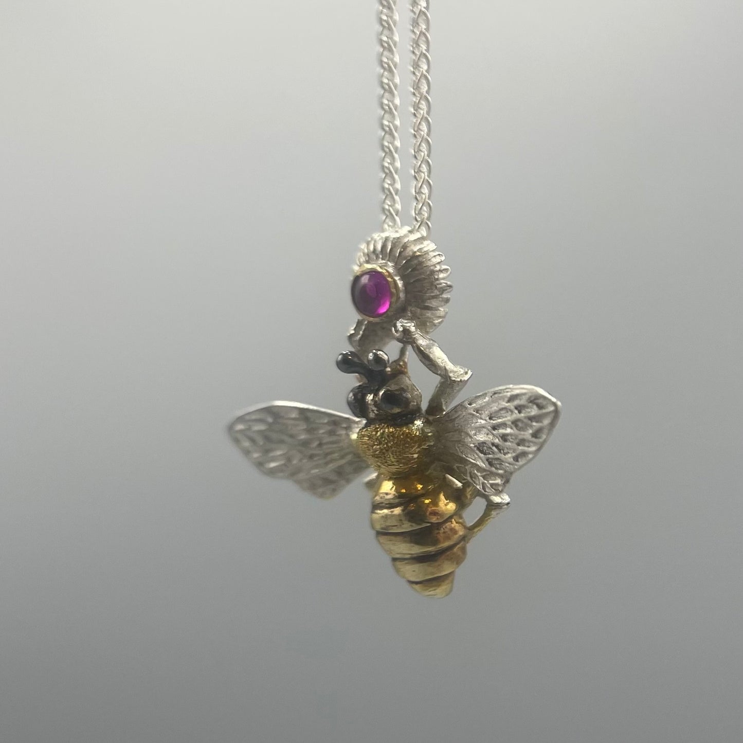 Tim Blades Silver and Gold Plated Bee Pendant with Rhodolite Garnet