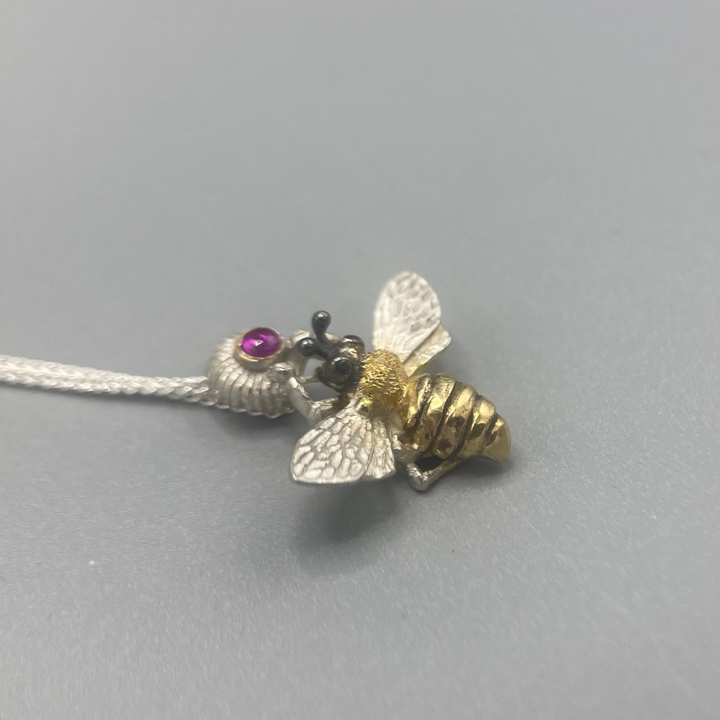 Tim Blades Silver and Gold Plated Bee Pendant with Rhodolite Garnet