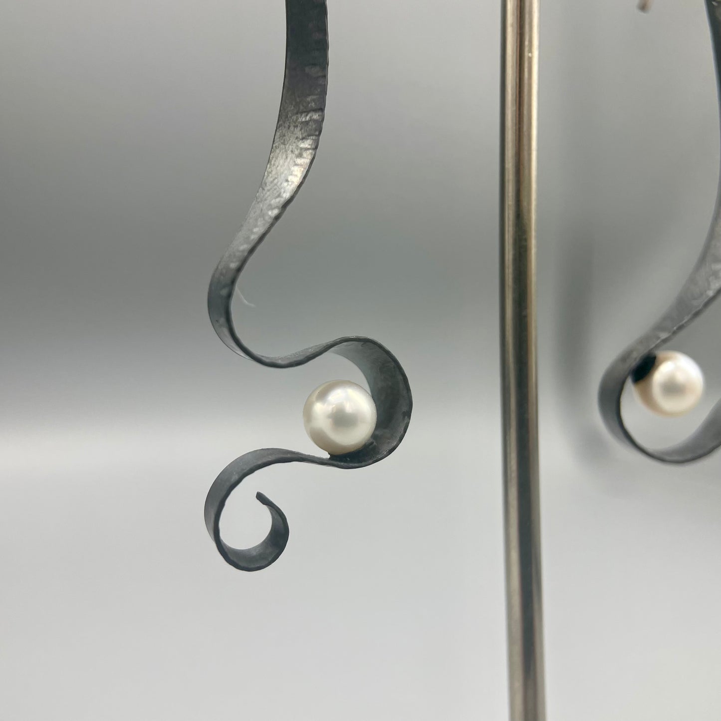 Victoria Sackwild Oxidised Silver Drop Earrings with Pearl