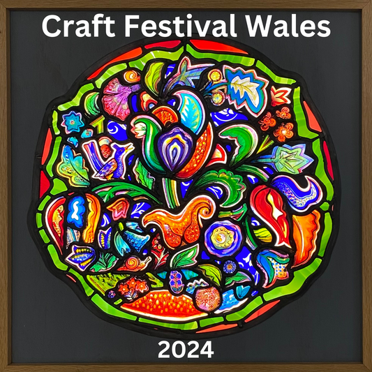 stained glass window with 'craft festival Wales' 2024 written on it