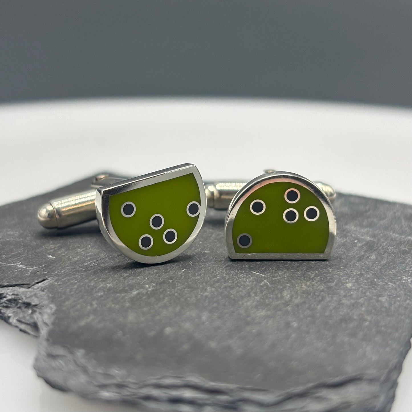 Wilde Works – Sterling Silver and Resin 'Eclipse Dot' Cufflinks (Vivid Green/Grey)