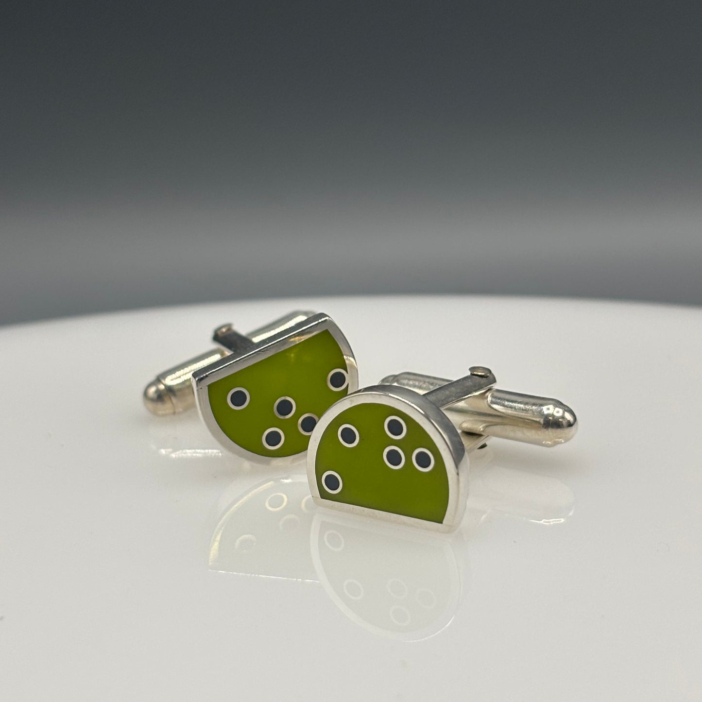 Wilde Works – Sterling Silver and Resin 'Eclipse Dot' Cufflinks (Vivid Green/Grey)