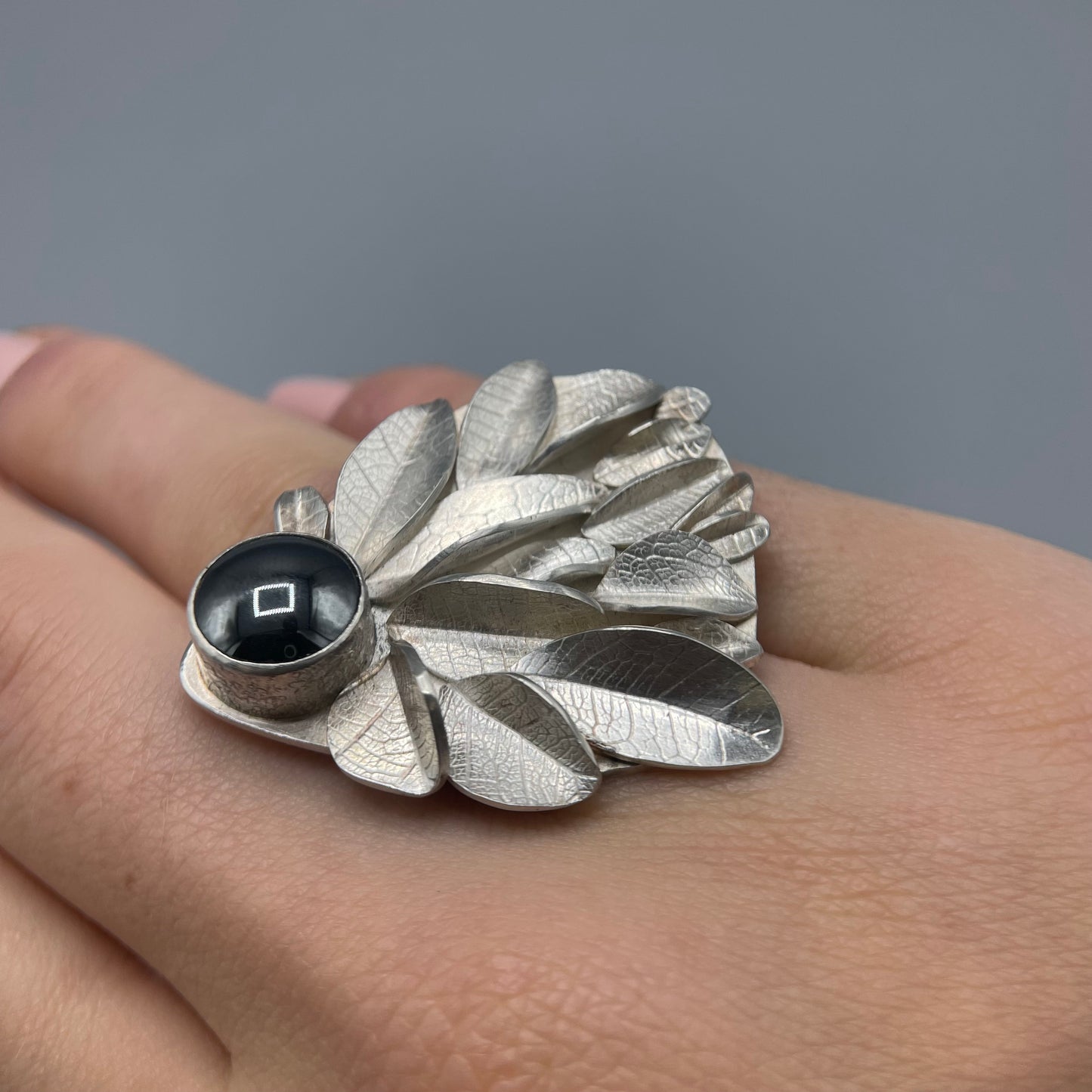 Cari-Jane Hakes Statement Leaf Cluster Ring with Hematite Cabachon