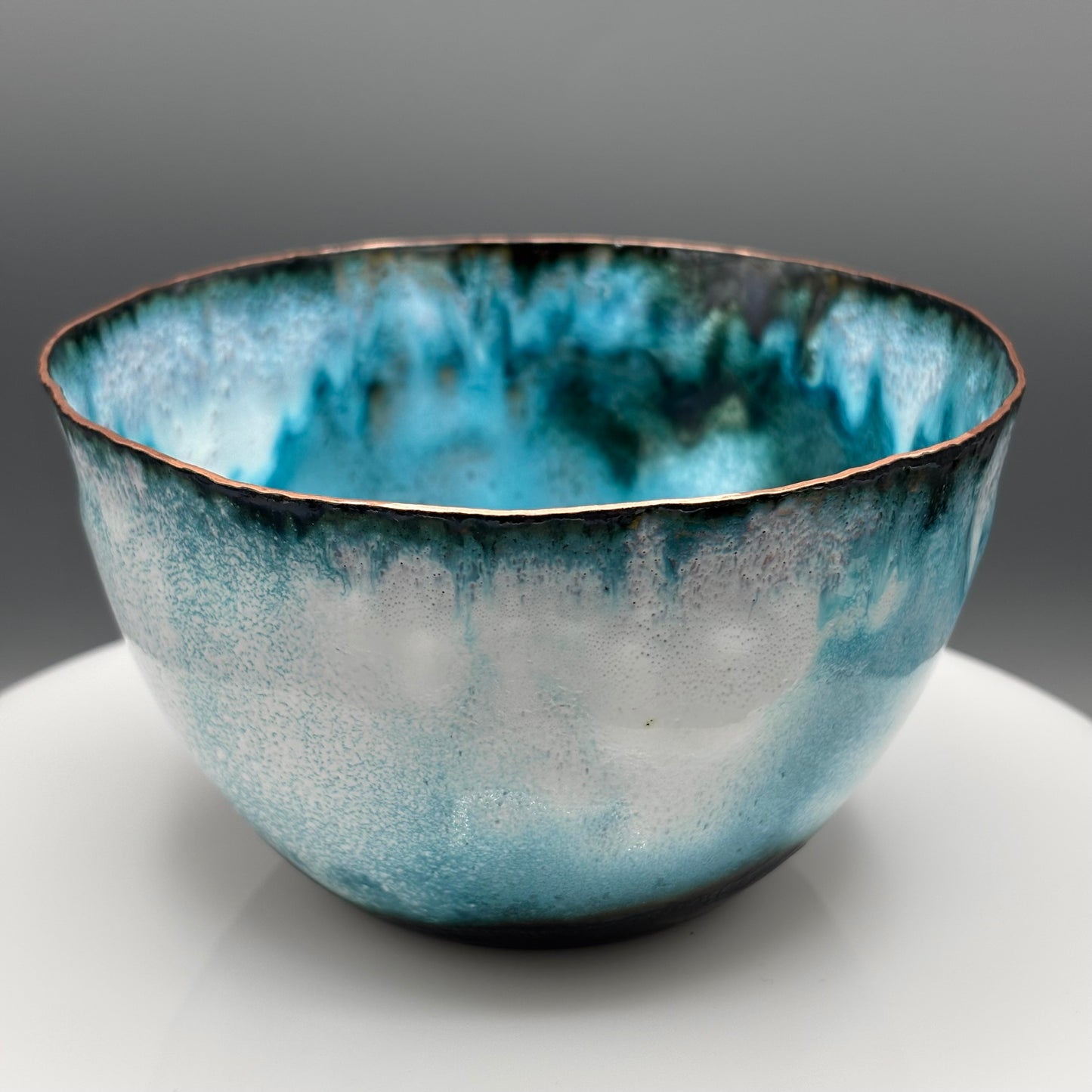 Cruan Marino Large Enamelled Copper Bowl, interior view showing oceanic blue enamel