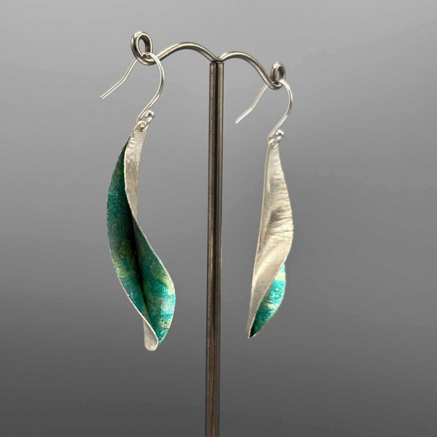 Victoria Sackwild 'Willow Leaf' Silver & Colourful Metallic Foils Drop Earrings (aqua combo)