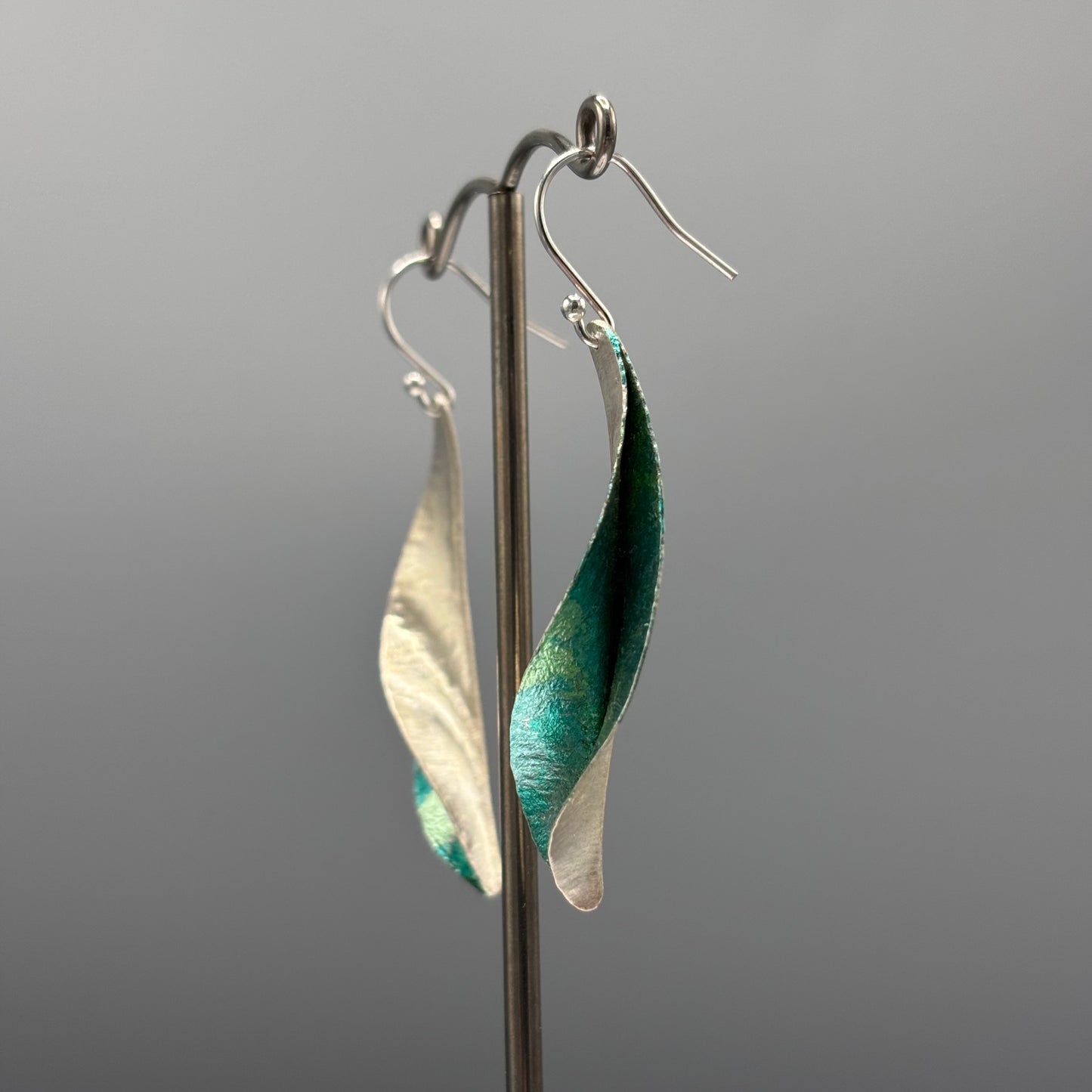 Victoria Sackwild 'Willow Leaf' Silver & Colourful Metallic Foils Drop Earrings (aqua combo)