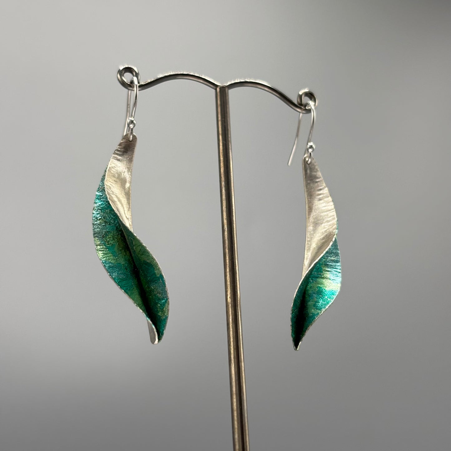 Victoria Sackwild 'Willow Leaf' Silver & Colourful Metallic Foils Drop Earrings (aqua combo)