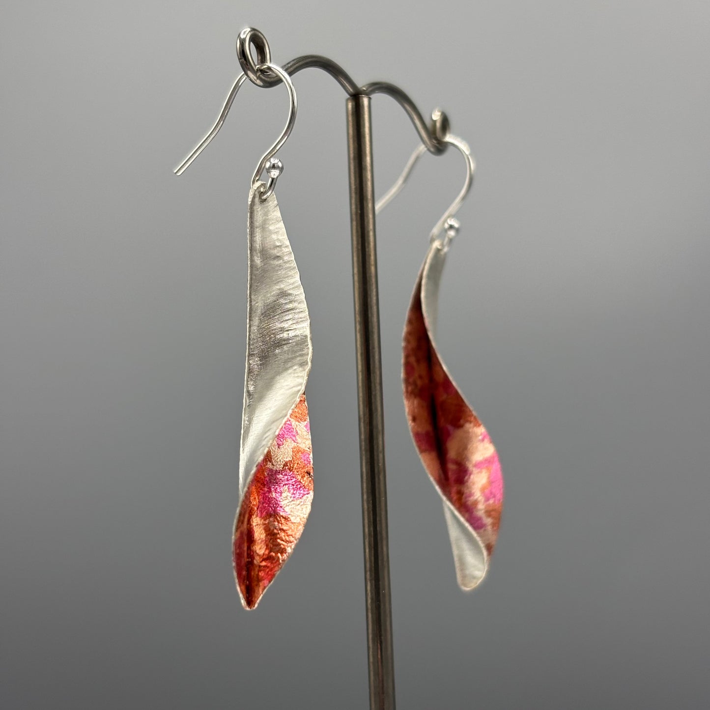 Victoria Sackwild 'Willow Leaf' Silver & Colourful Metallic Foils Drop Earrings (dusty pink/pink champagne/copper)
