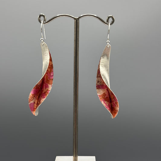 Victoria Sackwild 'Willow Leaf' Silver & Colourful Metallic Foils Drop Earrings (dusty pink/pink champagne/copper)