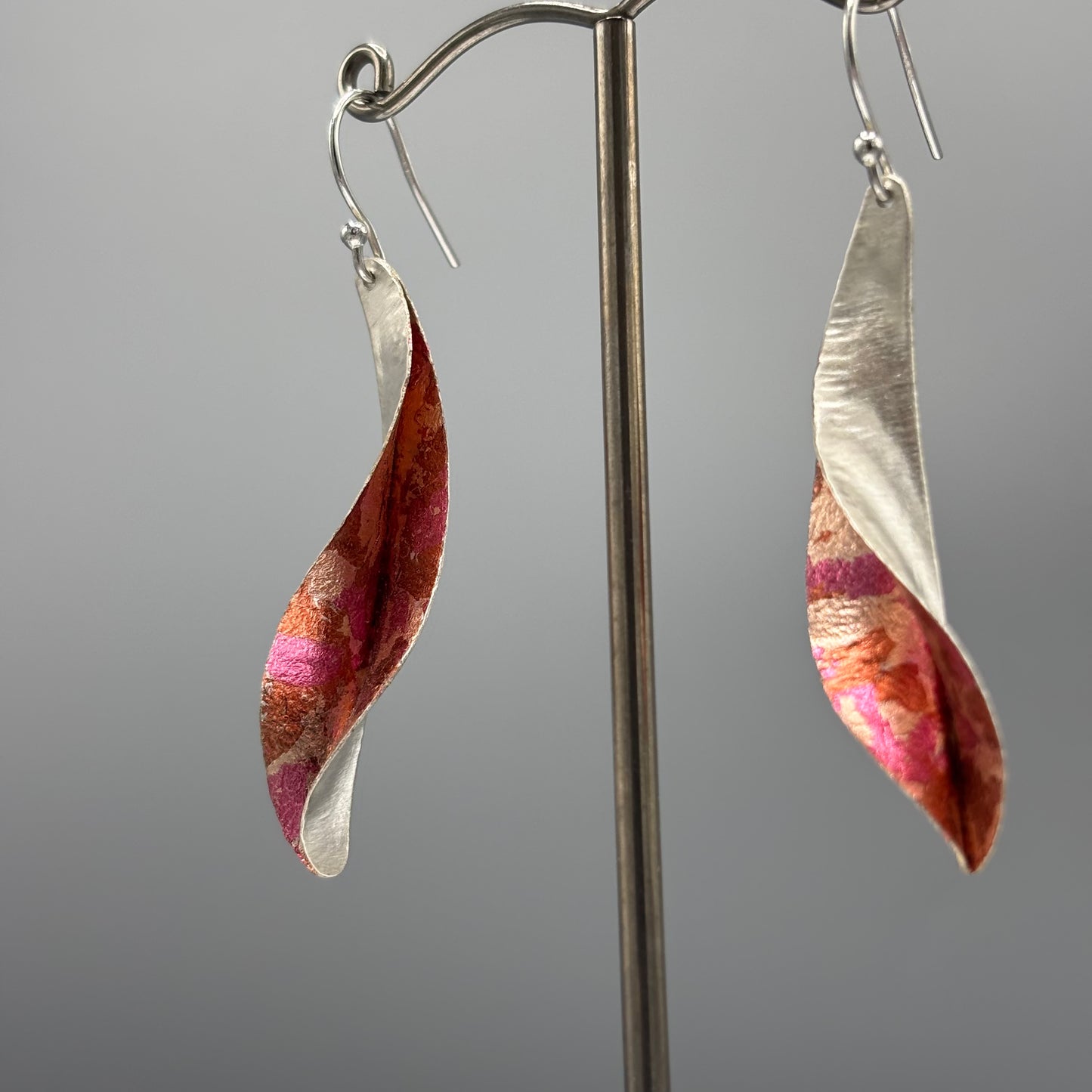 Victoria Sackwild 'Willow Leaf' Silver & Colourful Metallic Foils Drop Earrings (dusty pink/pink champagne/copper)