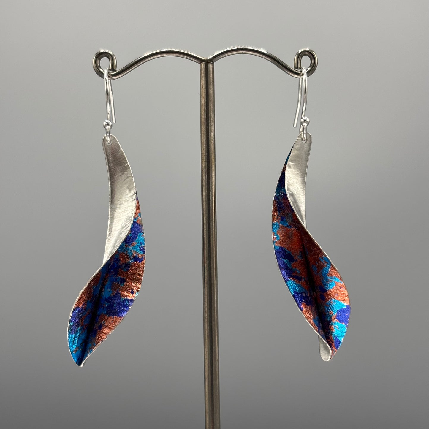 Victoria Sackwild 'Willow Leaf' Silver & Colourful Metallic Foils Drop Earrings (dark blue/turquoise/copper)