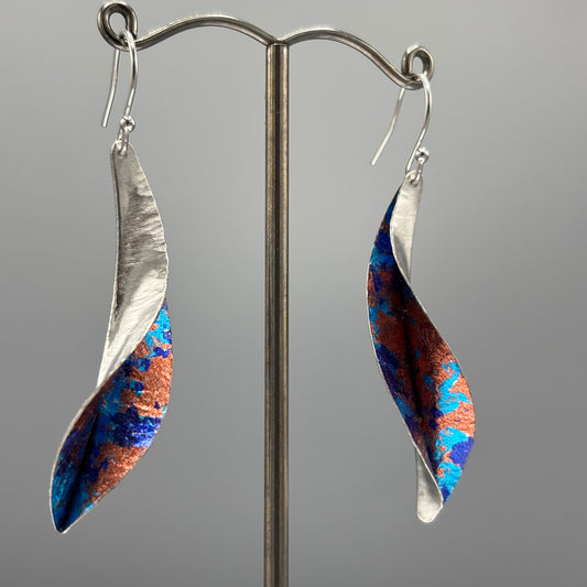 Victoria Sackwild 'Willow Leaf' Silver & Colourful Metallic Foils Drop Earrings (dark blue/turquoise/copper)