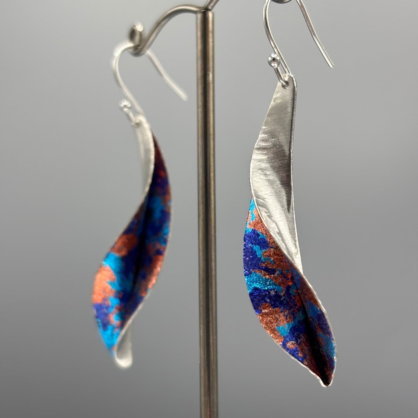 Victoria Sackwild 'Willow Leaf' Silver & Colourful Metallic Foils Drop Earrings (dark blue/turquoise/copper)