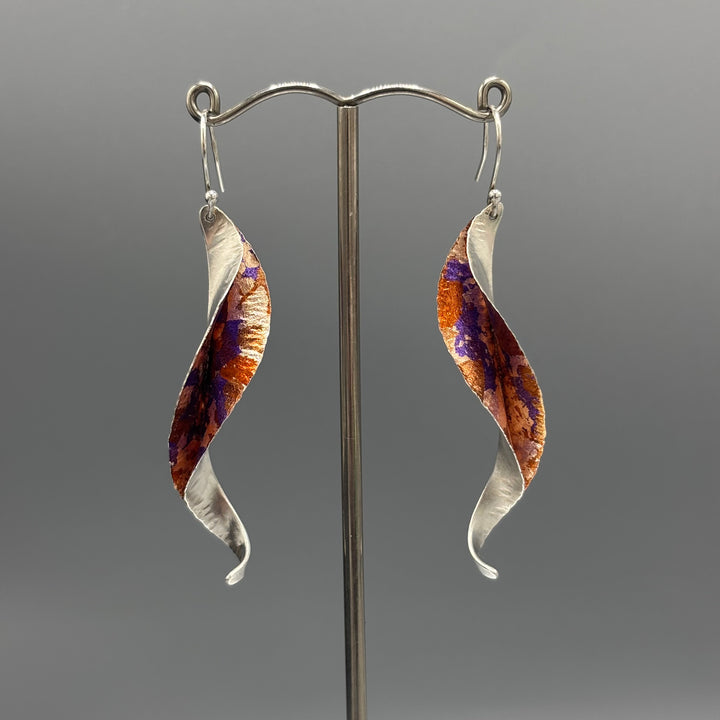 Victoria Sackwild – 60mm fine silver Willow Leaf earrings (copper/pink champagne/purple)