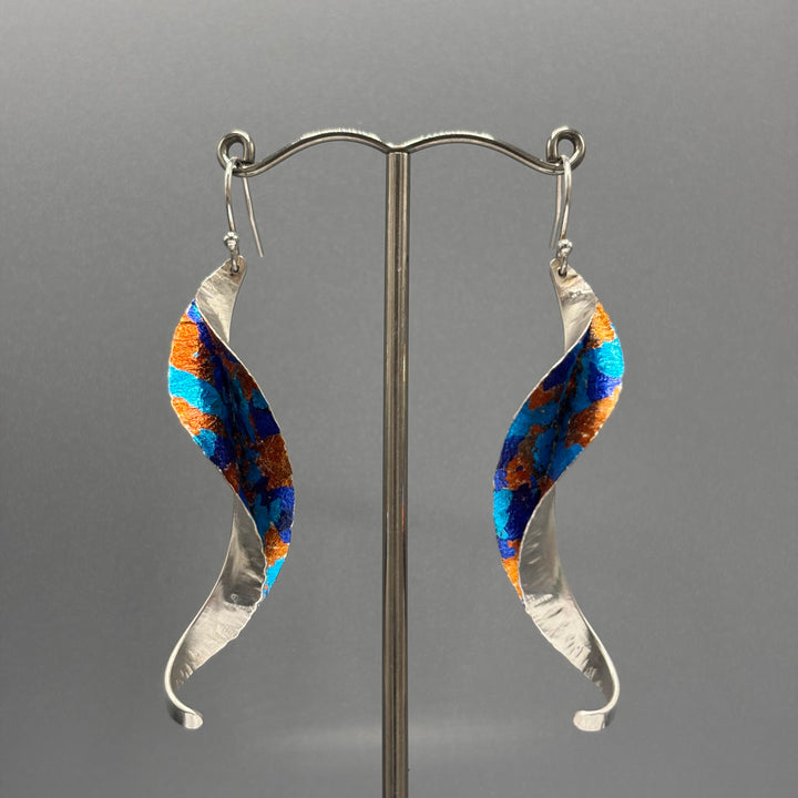 Victoria Sackwild – 60mm fine silver Willow Leaf earrings (dark blue/turquoise/copper)