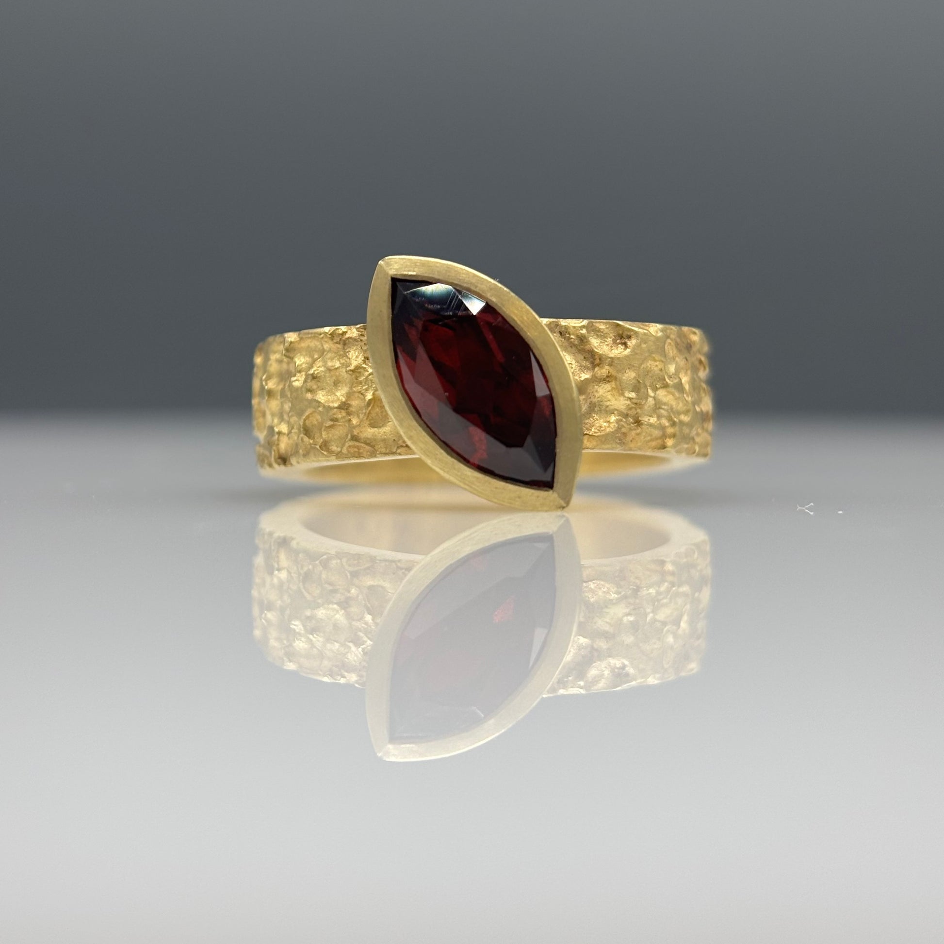 Susi Hines 18ct gold plated etched silver ring with marquis garnet