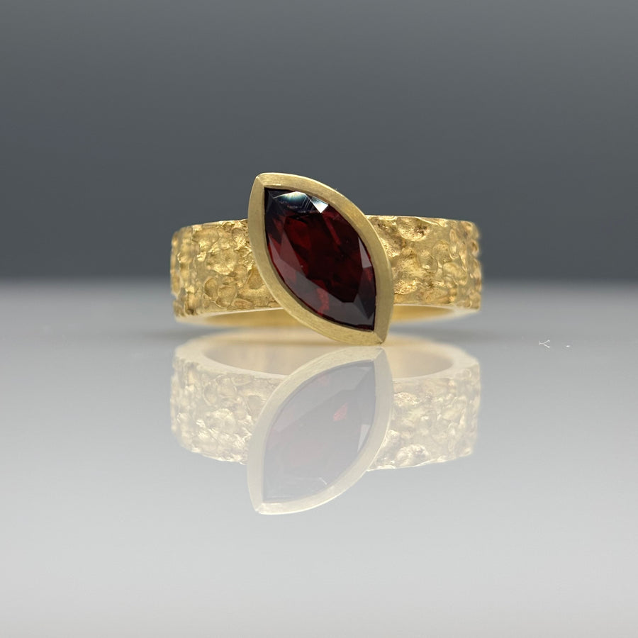 Susi Hines 18ct gold plated etched silver ring with marquis garnet