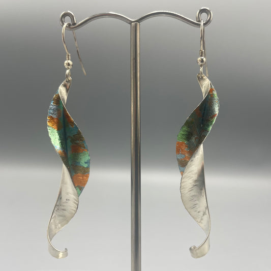 Victoria Sackwild 'Willow Leaf' Silver & Colourful Metallic Foils Drop Earrings