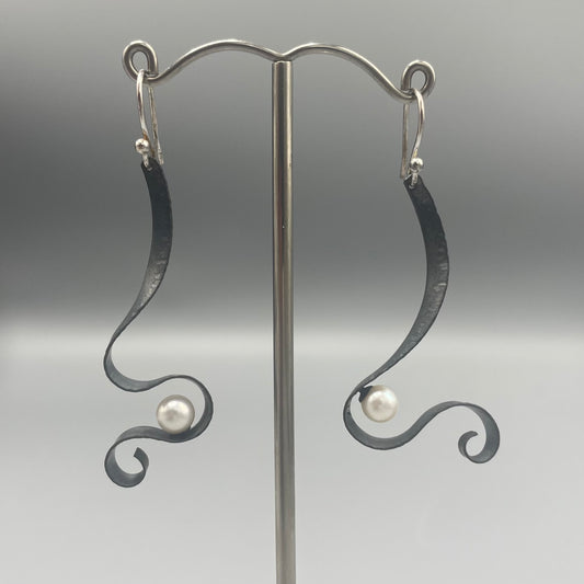 Victoria Sackwild Oxidised Silver Drop Earrings with Pearl